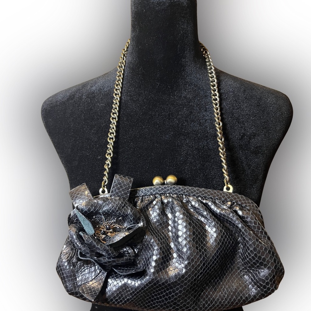 Isabella Fiore Black Snake-Embossed Chain Shoulder Bag with Flower Accent